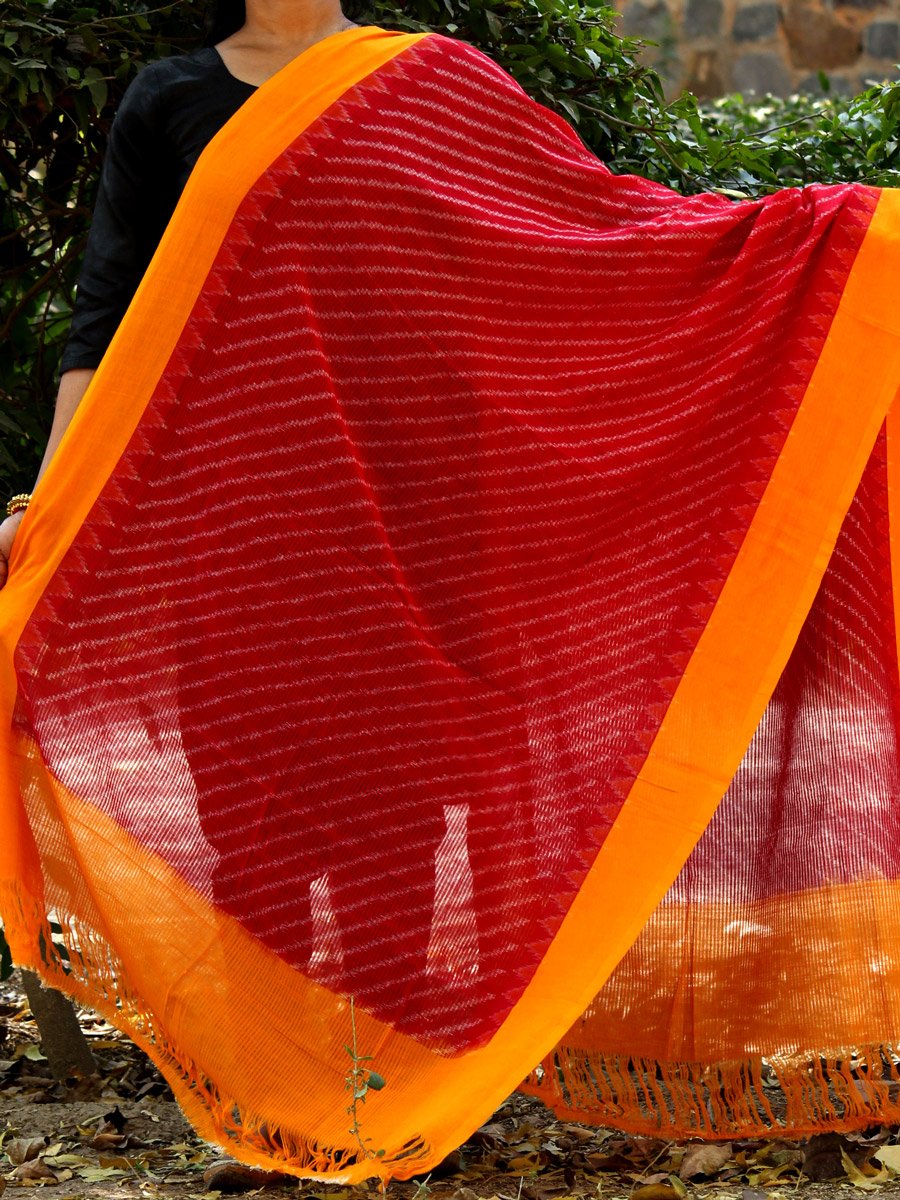 Yellow-border,-red-and-white-missing-thread-ikat-cotton-dupatta Yellow-border,-red-and-white-missing-thread-ikat-cotton-dupatta