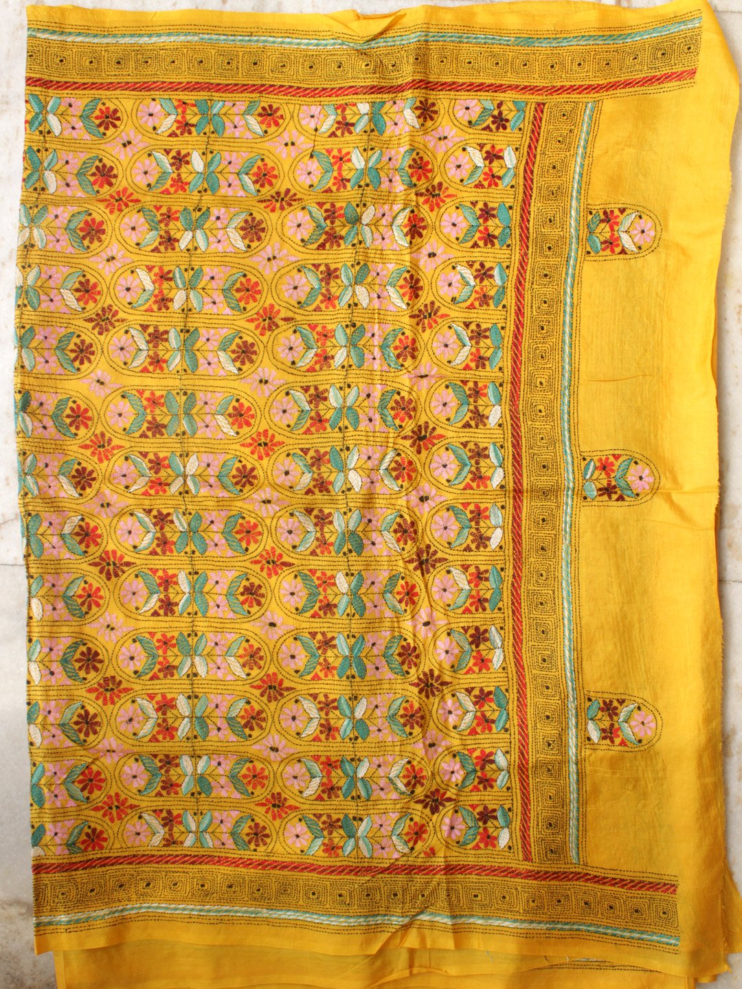 Yellow-kanthaa-embroidered-banglore-silk-sari Yellow-kanthaa-embroidered-banglore-silk-sari