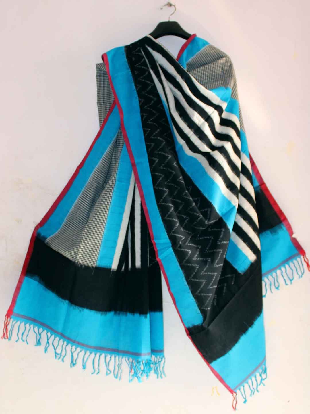 blue-black-white-pochampally ikat cotton--dupatta