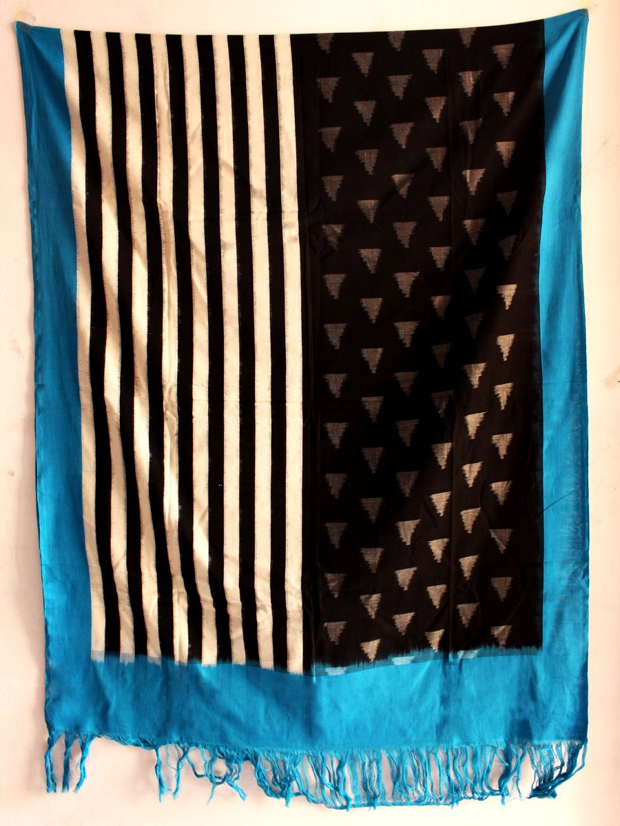 blue-border,-black-and-white-pochampally-ikat-cotton-dupatta