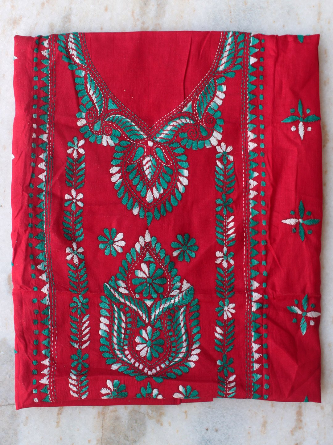 green-kanthawork-on-Dark-red-cotton-kurta-fabric green-kanthawork-on-Dark-red-cotton-kurta-fabric