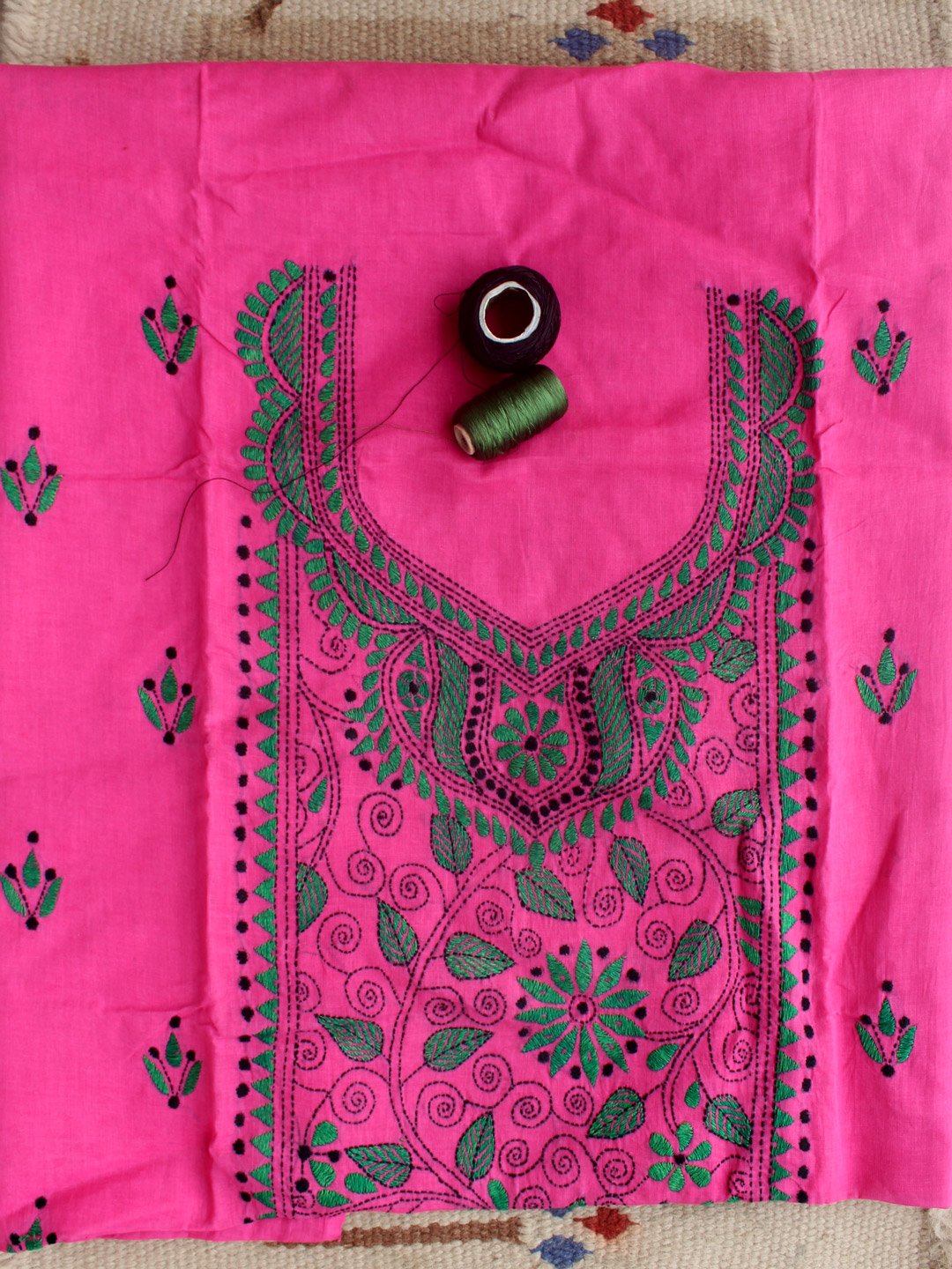 green-kanthawork-on-pink-cotton-kurta-fabric- green-kanthawork-on-pink-cotton-kurta-fabric-