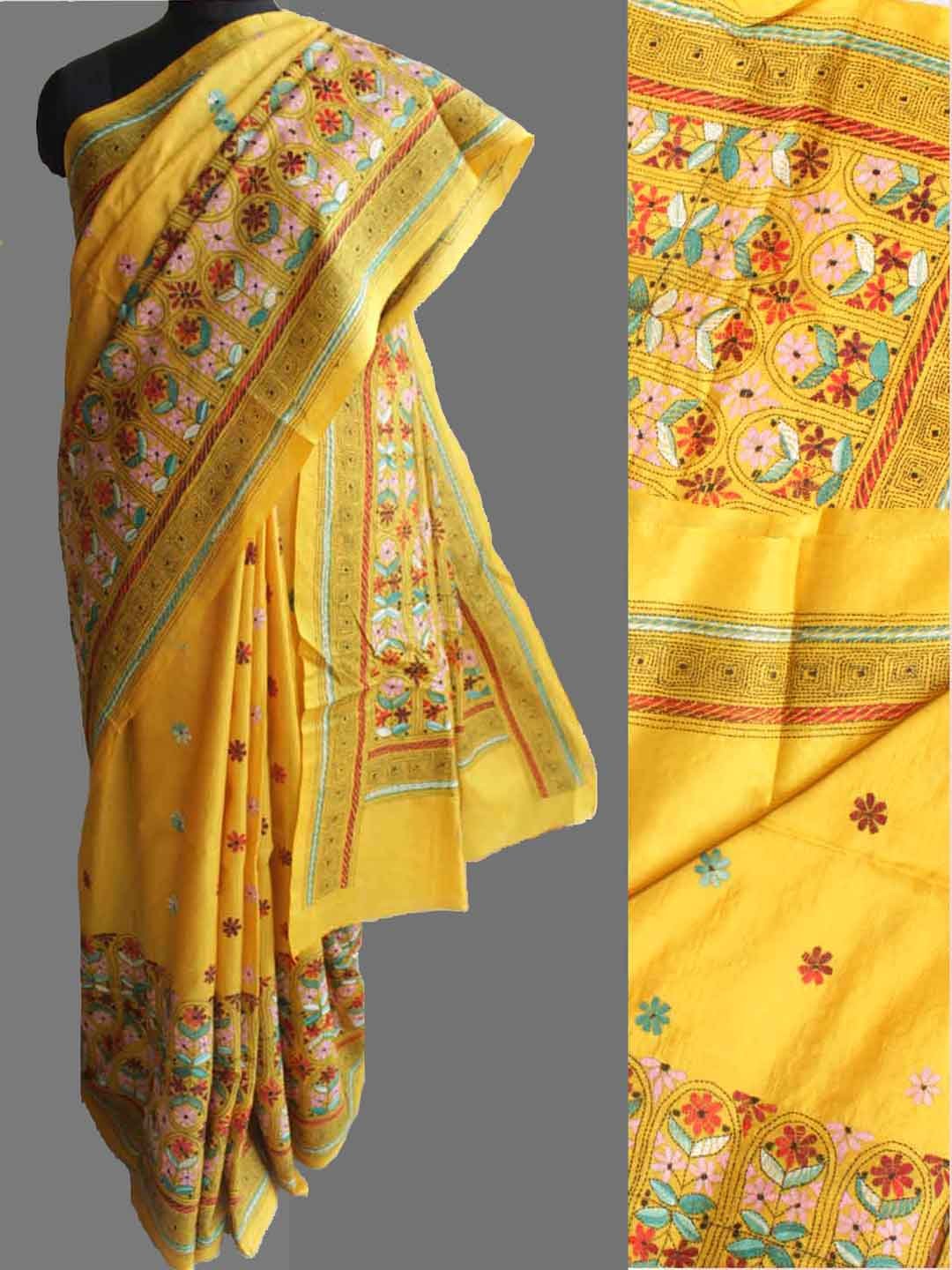 kanthawork-handembroidered-yellow-silk-saree kanthawork-handembroidered-yellow-silk-saree at Shilphaat.com
