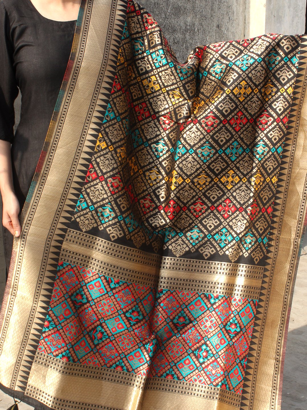 multicolour-meena-banarasi-on-black-art-silk-dupatta multicolour-meena-banarasi-on-black-art-silk-dupatta