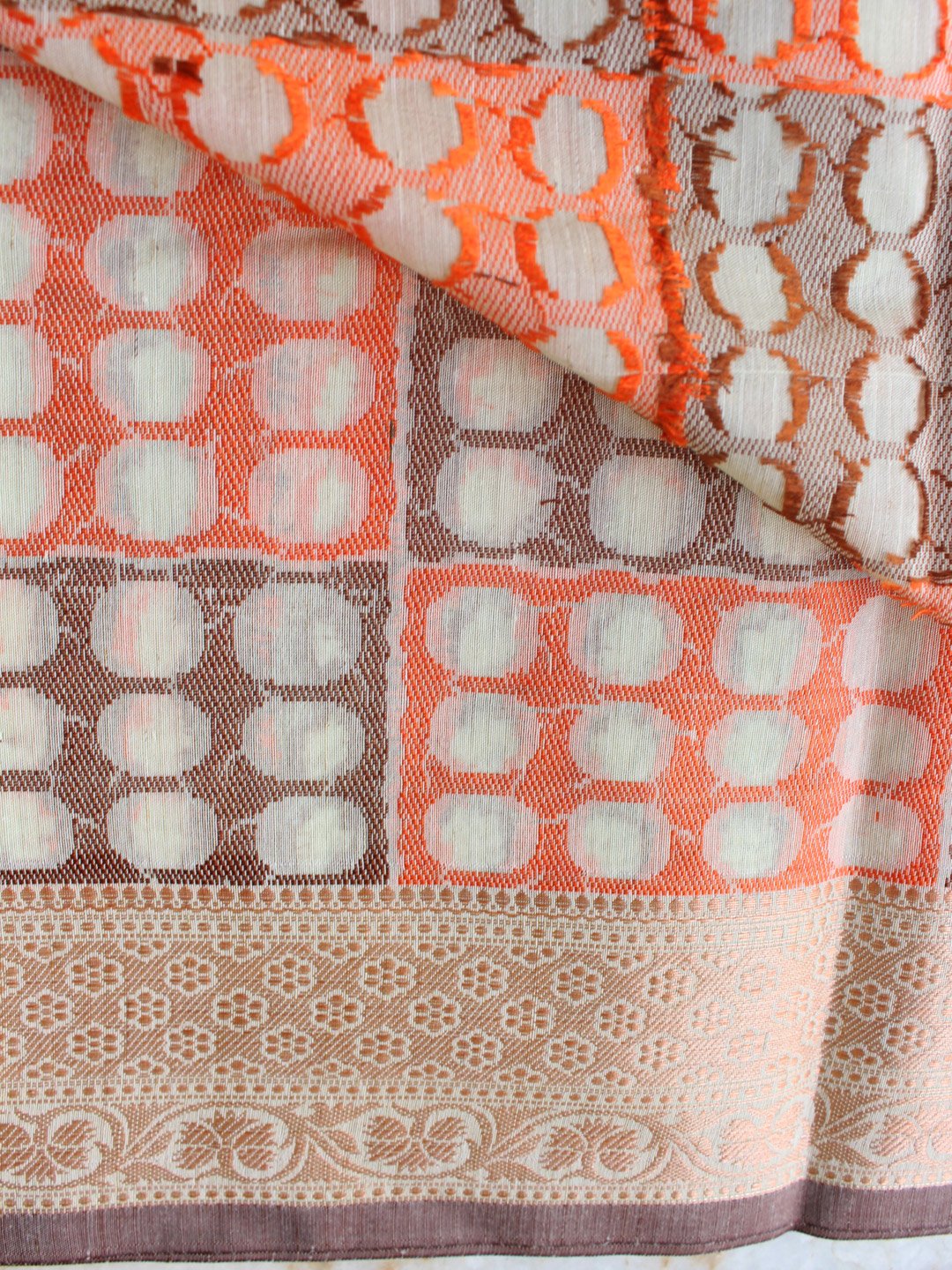 off-white-and-orange-art-katan-silk-banarasi-sari off-white-and-orange-art-katan-silk-banarasi-sari