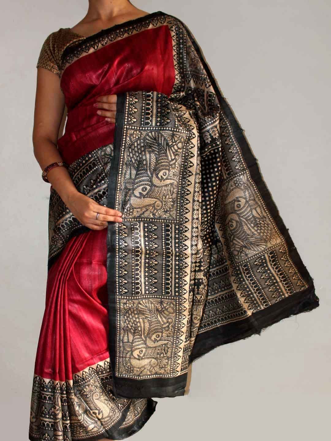red-and-black-madhubani-bhagalpuri-tussar-silk-saree red-and-black-madhubani-bhagalpuri-tussar-silk-saree