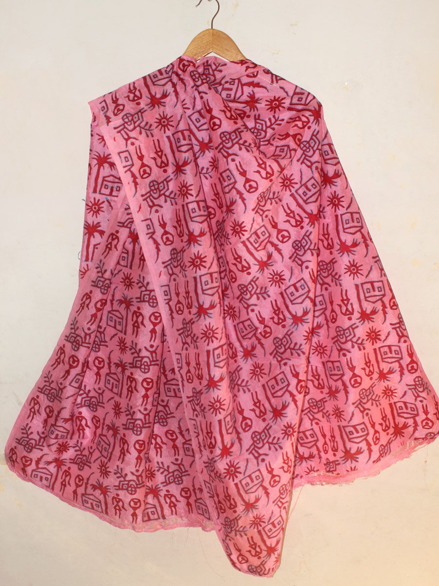red-block-printed-kanthawork-pink-dupatta red-block-printed-kanthawork-pink-dupatta