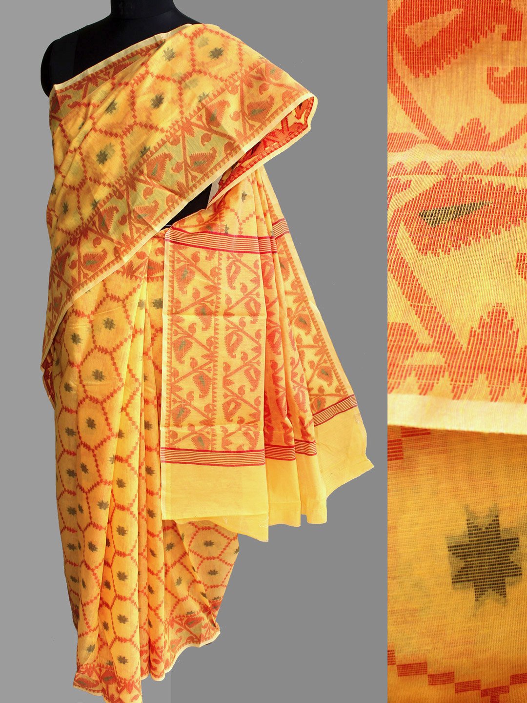 red-yellow-jamdani-weave-polycotton-banarasi-sari red-yellow-jamdani-weave-polycotton-banarasi-sari