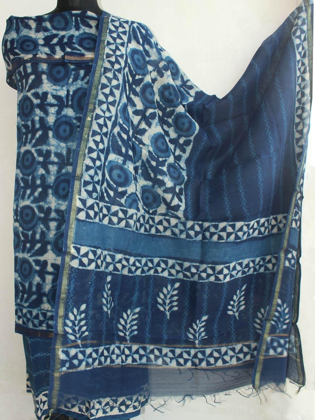Dabu-Indigo-block-printed-chanderi-dress-material Dabu-Indigo-block-printed-chanderi-dress-material at Shilphaat.com