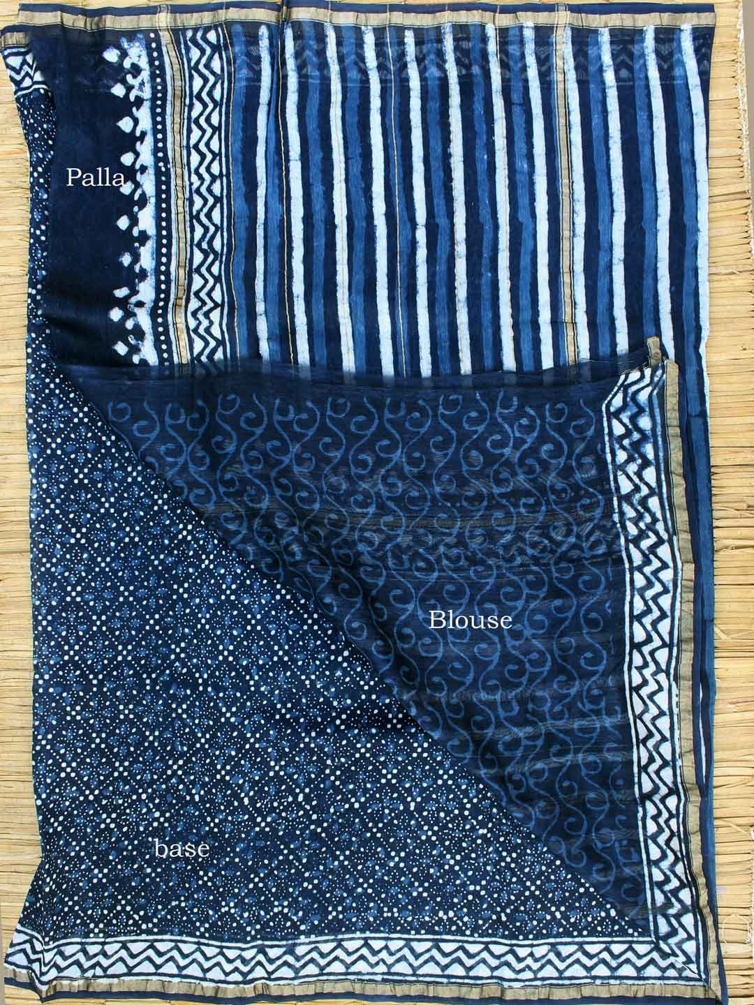 Indigo-and-white-block-printed-chanderi-saree Indigo-and-white-block-printed-chanderi-saree