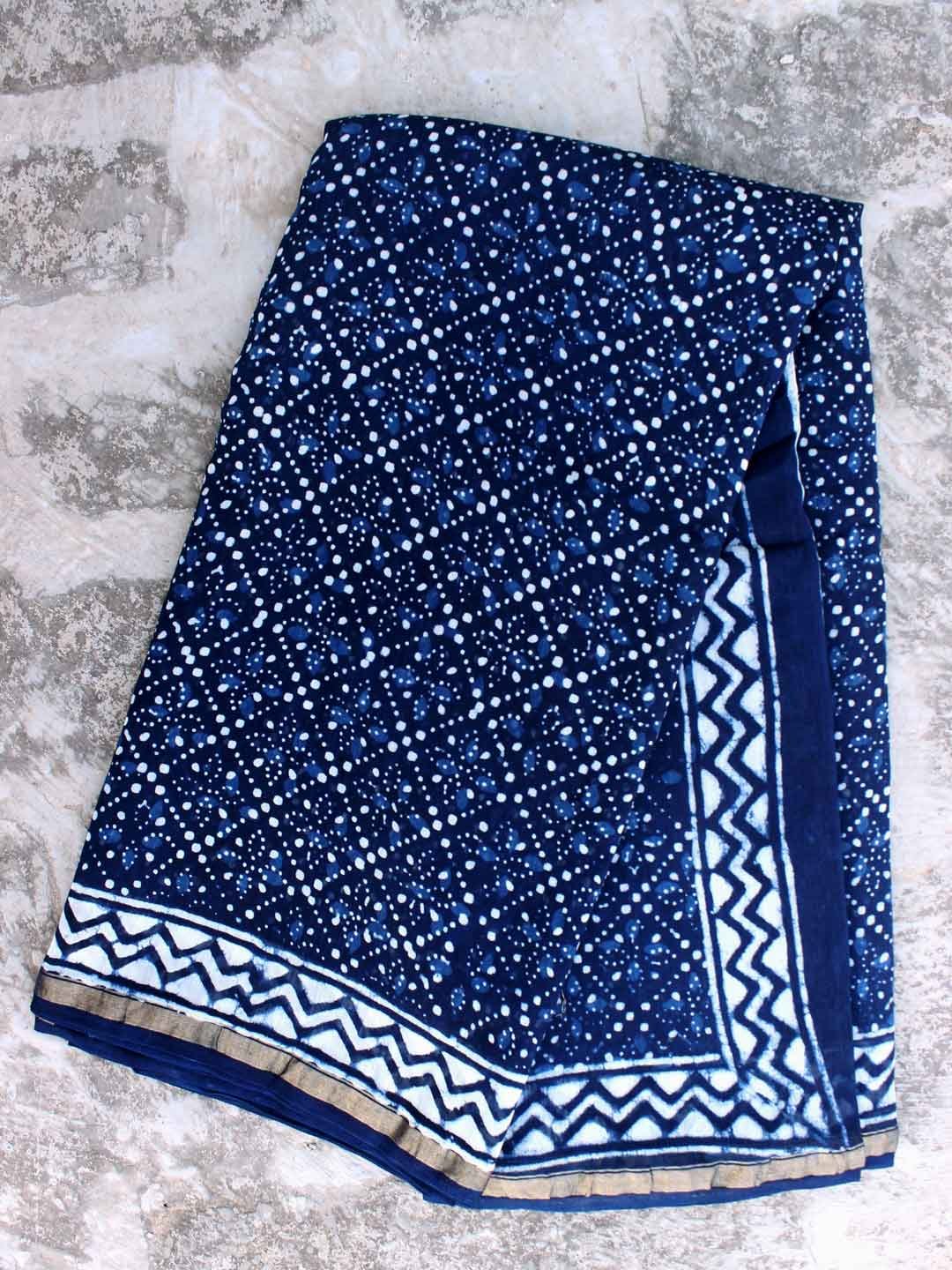 Indigo-and-white-block-printed-saree Indigo-and-white-block-printed-saree