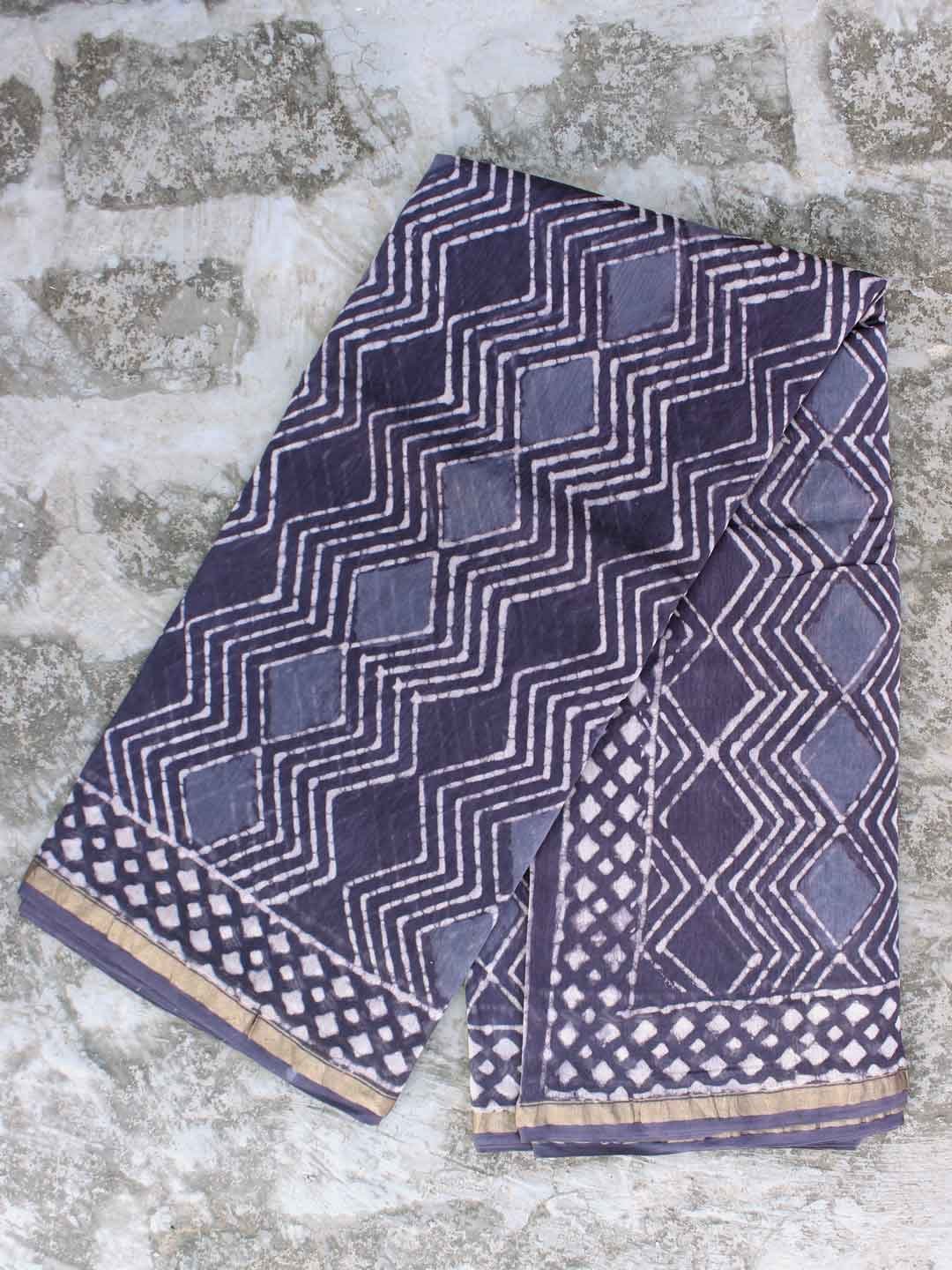 Indigo-grey-block-printed-silk-cotton-saree shilphaat Indigo-grey-block-printed-silk-cotton-saree shilphaat