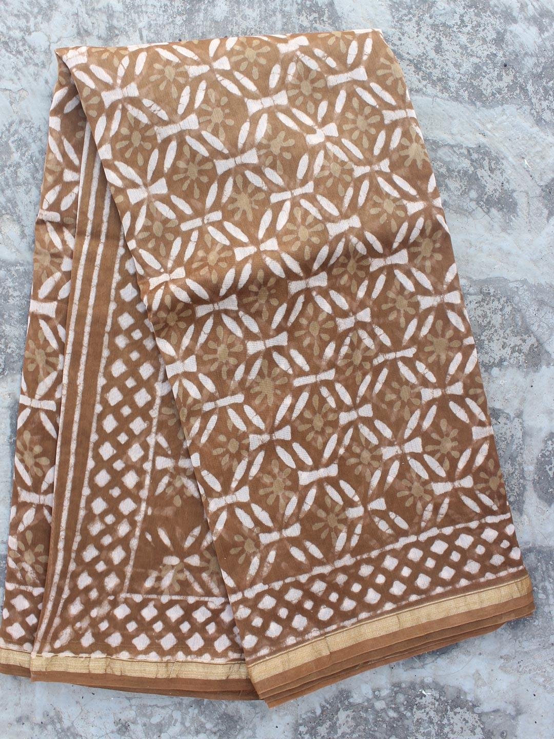 Caramel-brown-block-printed-chanderi-sari Caramel-brown-block-printed-chanderi-sari at Shilphaat.com