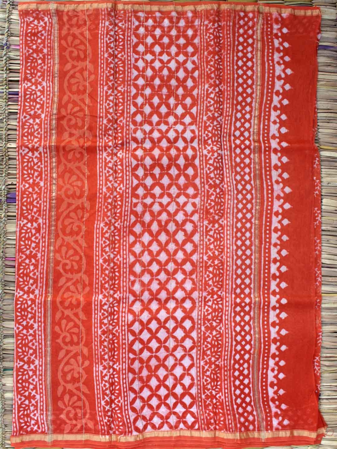 Rust-orange-Bagru-printed-chanderi-sari Rust-orange-Bagru-printed-chanderi-sari