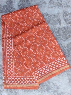 Rust-orange-Block-printed-chanderi-saree at old.shilphaat.com