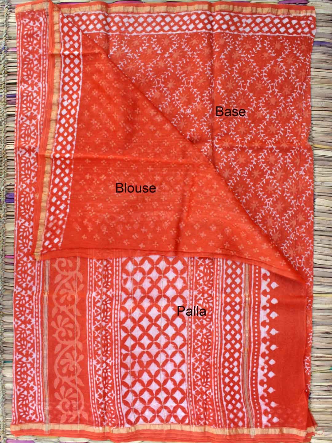 Rust-orange-Block-printed-silk-cotton-sari Rust-orange-Block-printed-silk-cotton-sari