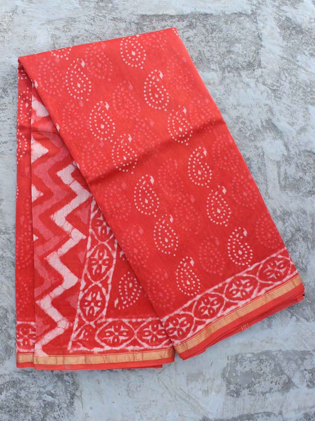 Saffron-red-block-printed-chanderi-saree Saffron-red-block-printed-chanderi-saree