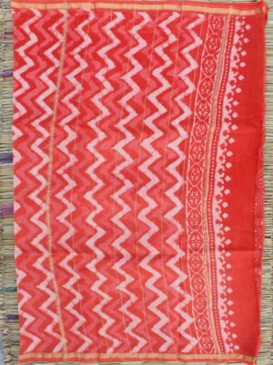 Saffron-red-block-printed-silk-cotton-saree