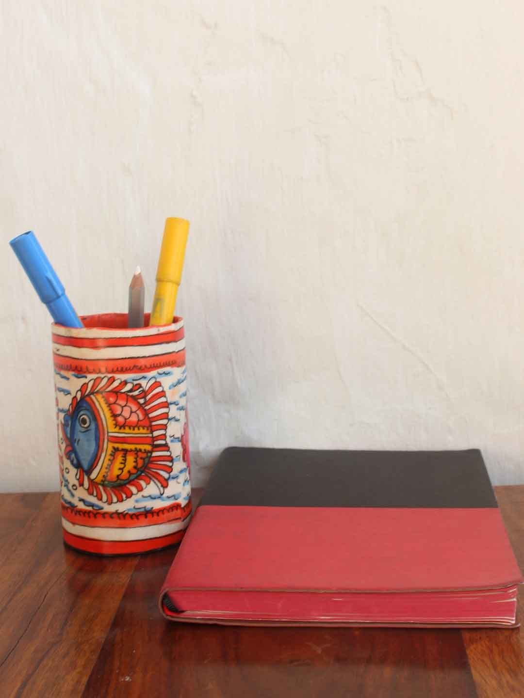 Fishes-painted-leather-pen-holder Fishes-painted-leather-pen-holder