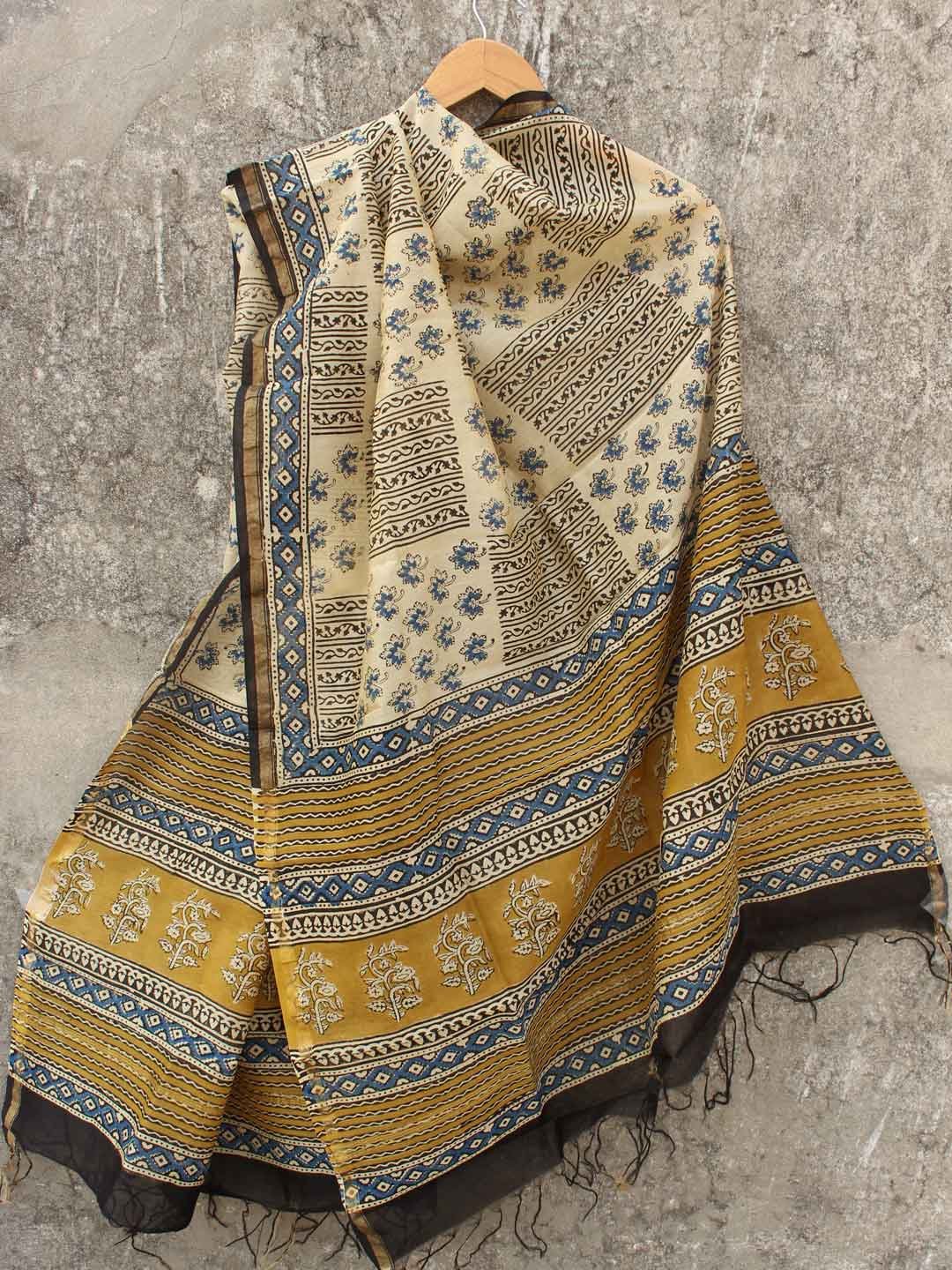Blue,-Yellow,-beige-Block-Printed-Chanderi-Dupatta Blue,-Yellow,-beige-Block-Printed-Chanderi-Dupatta