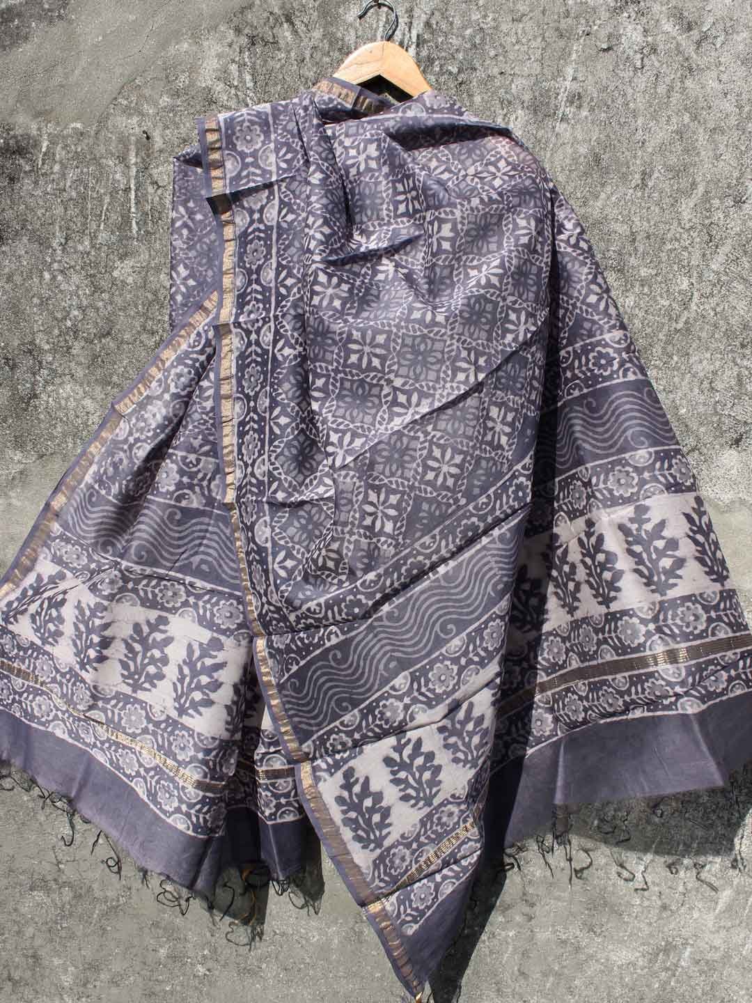Indigo-grey-block-printed-chanderi-dupatta Indigo-grey-block-printed-chanderi-dupatta