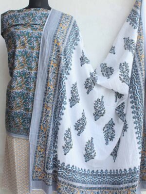 Gray, yellow, white-sanganeri-print-cotton-dress-material