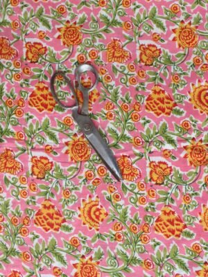 Pink,-yellow,-green-Sanganeri-block-print-cotton-kurta-fabric