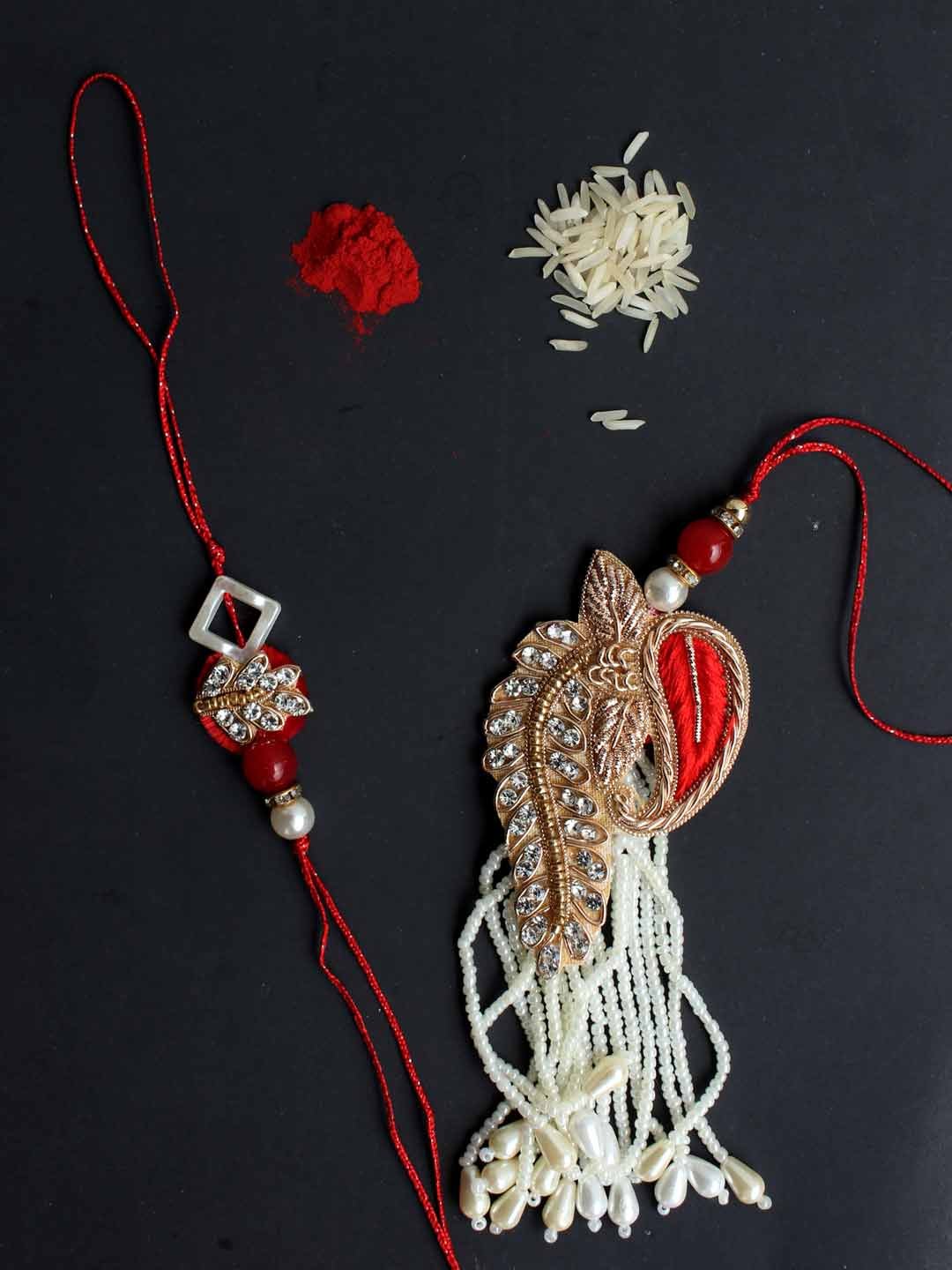 Pearls-and-kundan-red-white-Bhaiya-Bhabhi-Rakhi Pearls-and-kundan-red-white-Bhaiya-Bhabhi-Rakhi