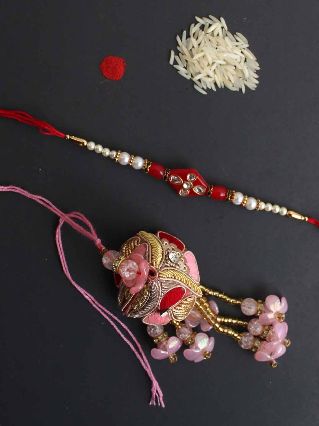 Red-and-pink-zari-kundan-baiya-bhabhi-Rakhi Red-and-pink-zari-kundan-baiya-bhabhi-Rakhi