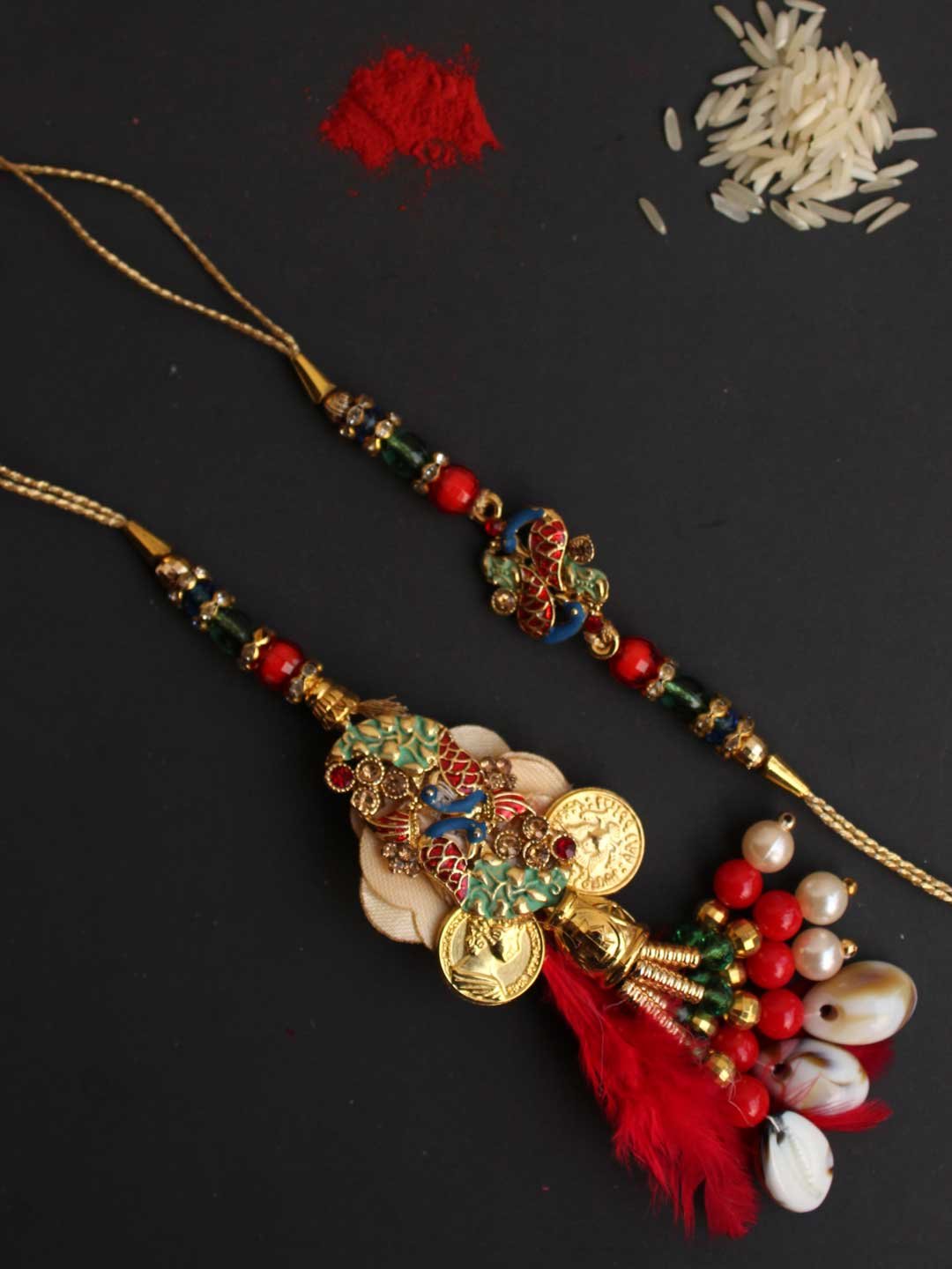 Red-and-green-enamelled-peacock-Bhaiya-bhabhi-Rakhi-pair