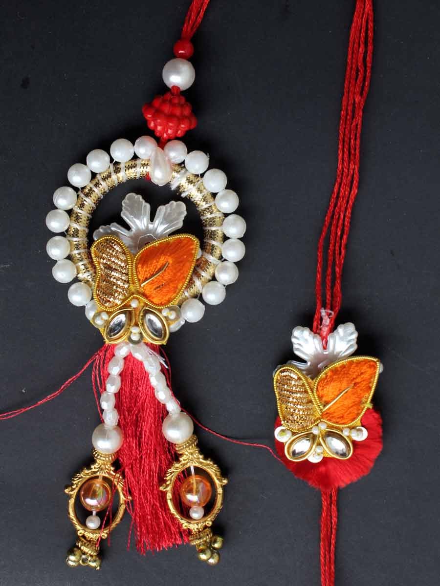 Red,-orange-golden-zariwork-Bhaiya-bhabhi-Rakshabandhan