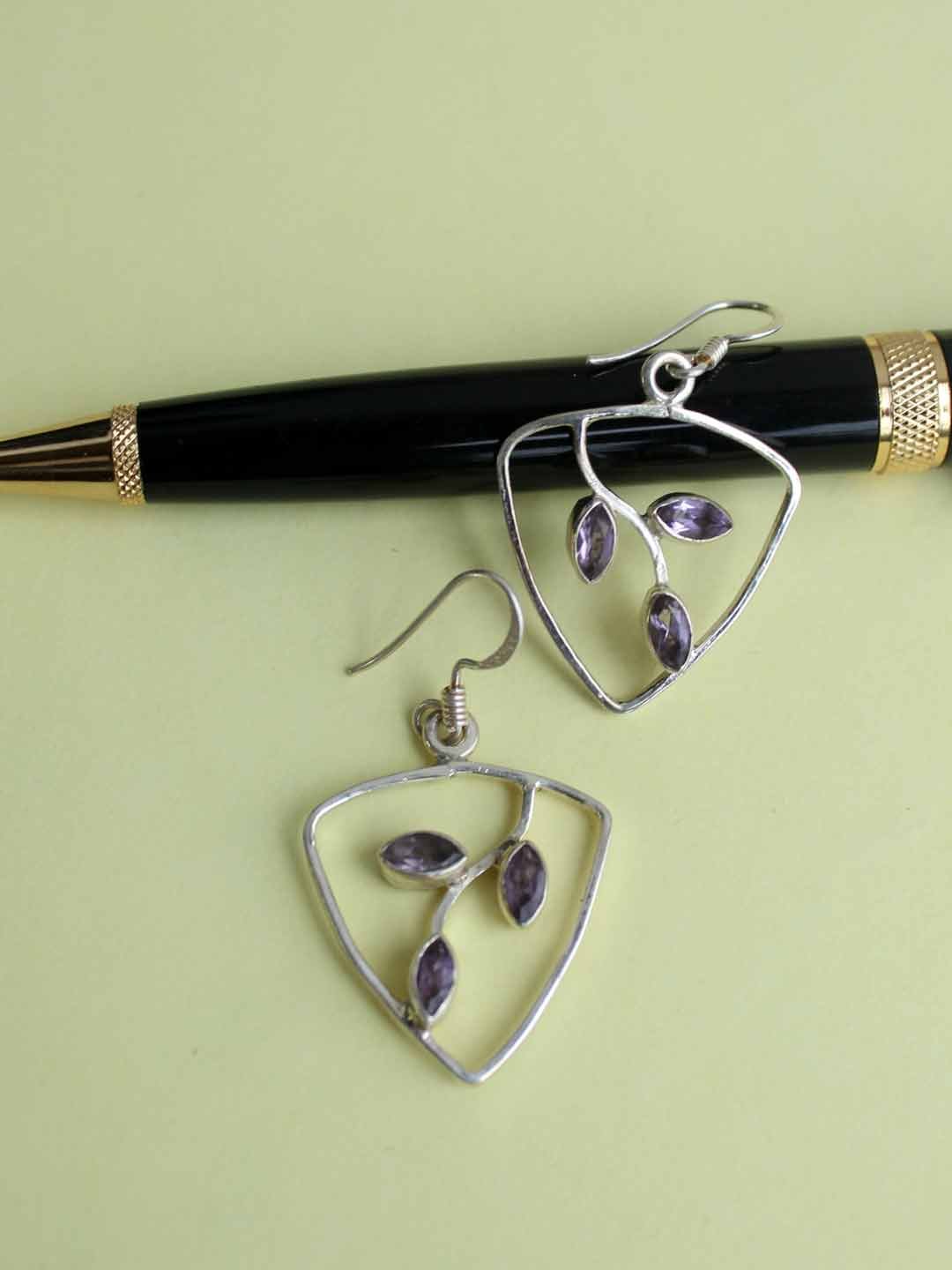 Triangular,-Purple-stone-pure-silver-earrings Triangular,-Purple-stone-pure-silver-earrings
