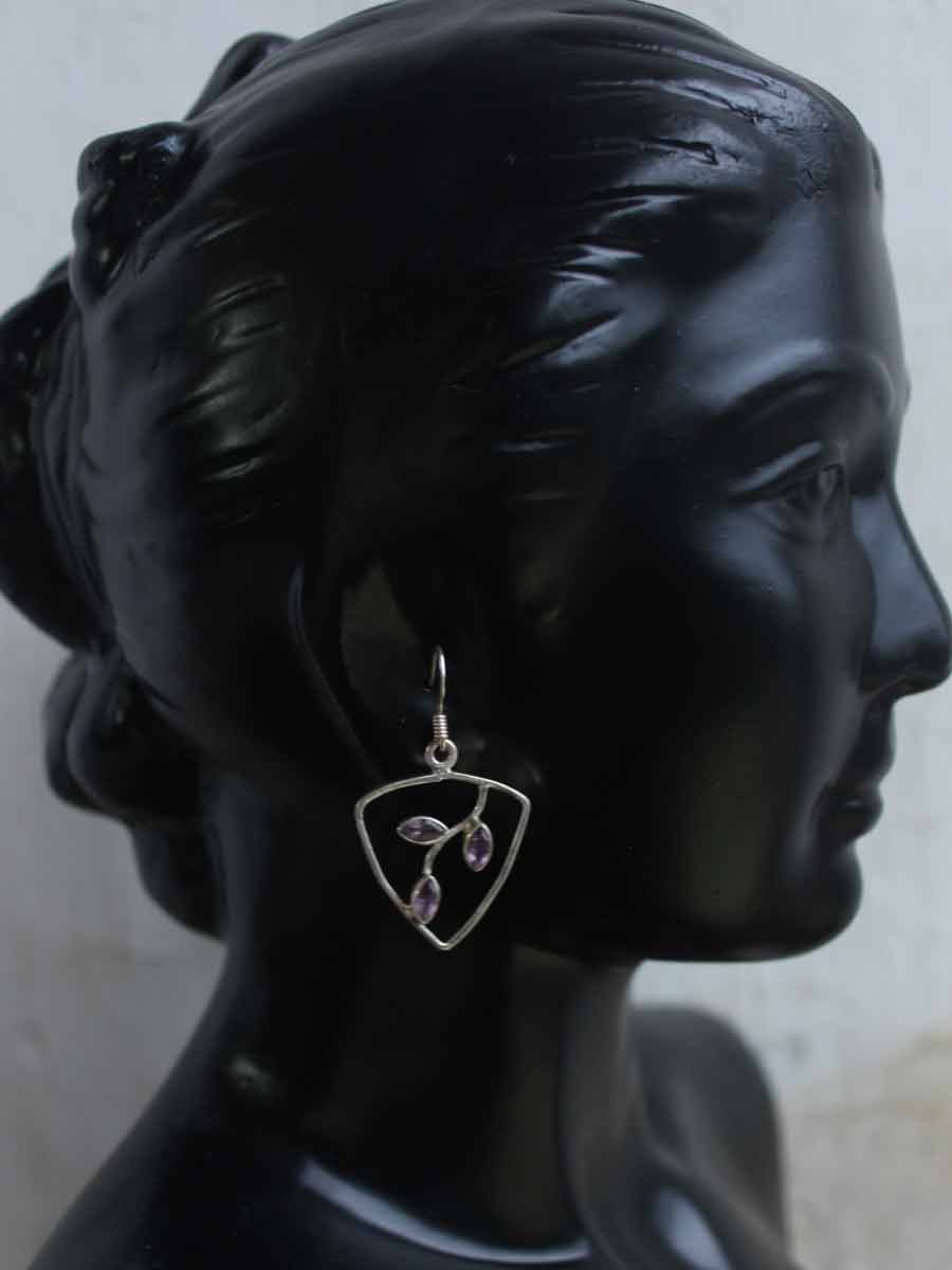 Triangular,-Purple-stone-real-silver-dangle-earrings