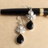 Black-stone-,-leaf-shape-pure-silver-earrings