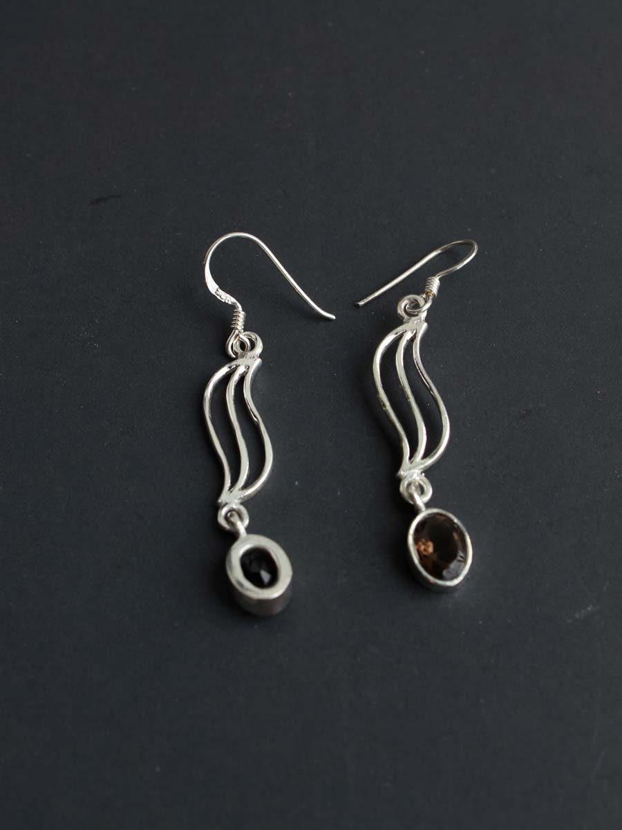 Blackish-Brown-stone,-real-silver-earrings
