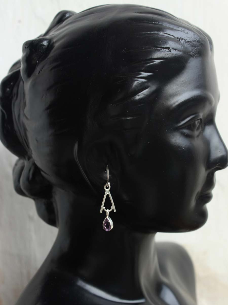 Purple-stone-,-triangular-pure-silver-earrings