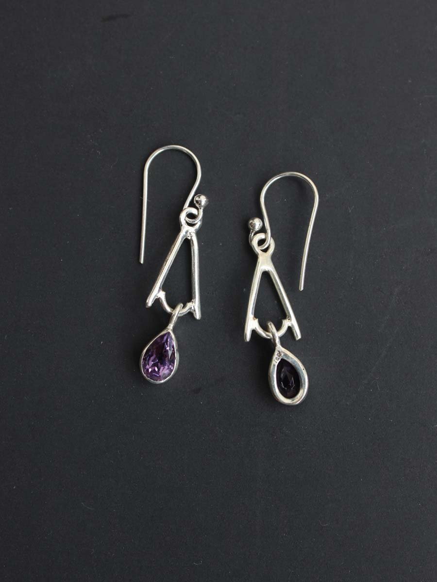 Purple-stone-,-triangular-real-silver-earrings