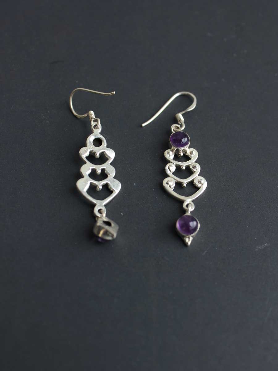 Purple-stone,-long-pure-silver-earrings