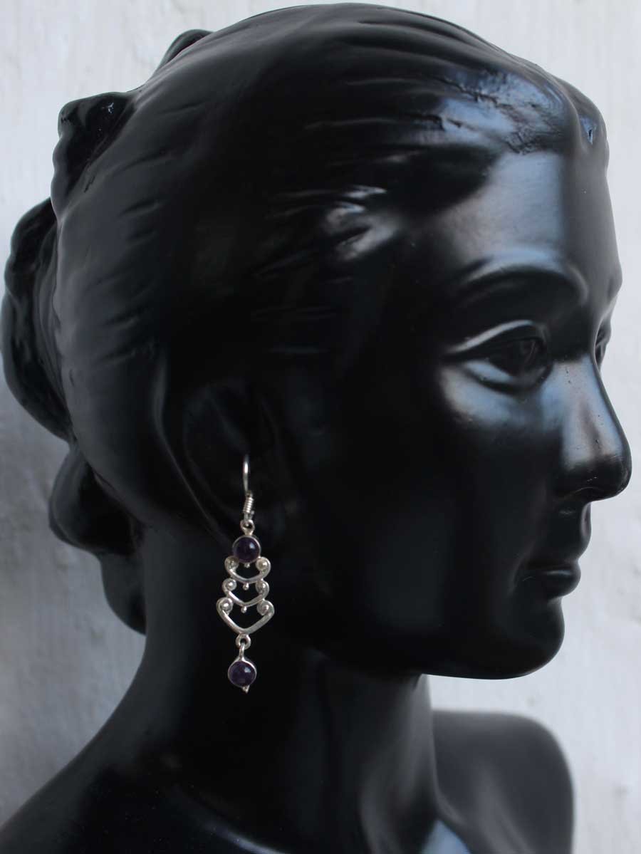Purple-stone,-long-real-silver-earrings