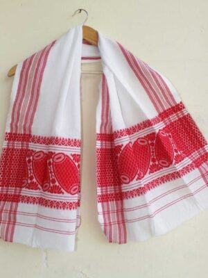 Dholak-motif-red-and-white-assamese-gamocha