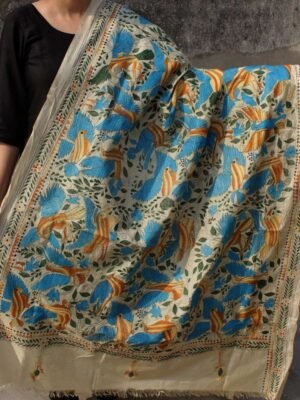 Blue-wing-bird-kanthawork-Tussar-dupatta