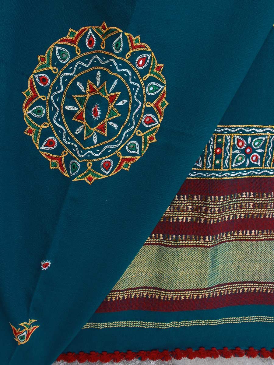 Bluish-Green-Ahir-embroidered-Gujarati-woolen-shawl