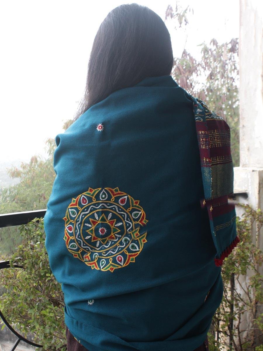 Bluish-Green-Handembroidered-Bhujodi-woolen-shawl Bluish-Green-Handembroidered-Bhujodi-woolen-shawl Shilphaat
