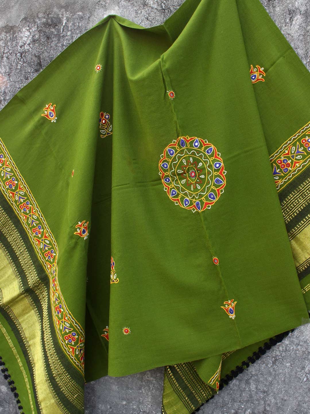 Juniper-green-Ahir-Handembroidered-woolen-Shawl Juniper-green-Ahir-Handembroidered-woolen-Shawl