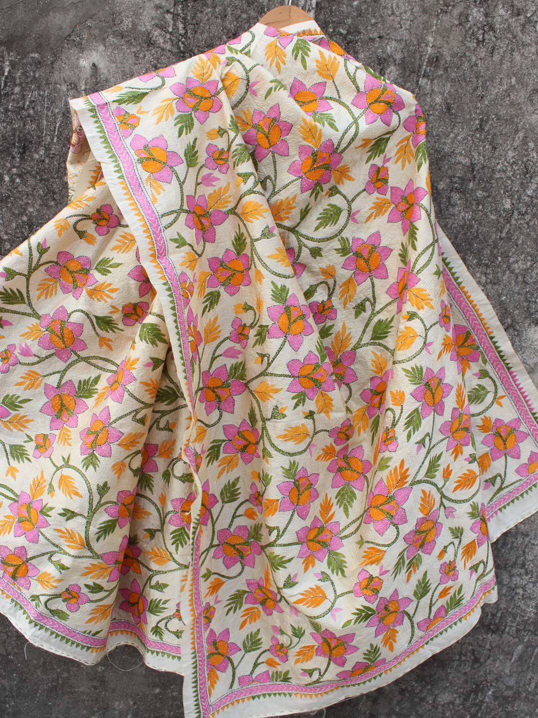 Purple-yellow-flower-Kanthawork-Tussar-silk-dupatta Purple-yellow-flower-Kanthawork-Tussar-silk-dupatta
