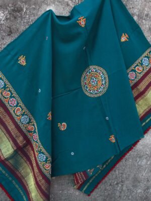 Teal-Blue-Ahir-embroidered-woolen-shawl