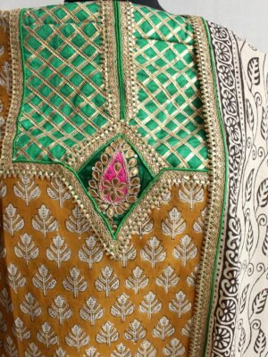 Brown-and-white-Block-printed-gotawork-cotton-dress-material
