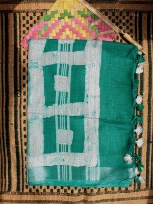 Emerald-Green-and-White-Batik-Linen-cotton-saree at Shilphaat.com
