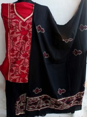 Red-and-Black-birds-kanthawork-cotton-dress-material