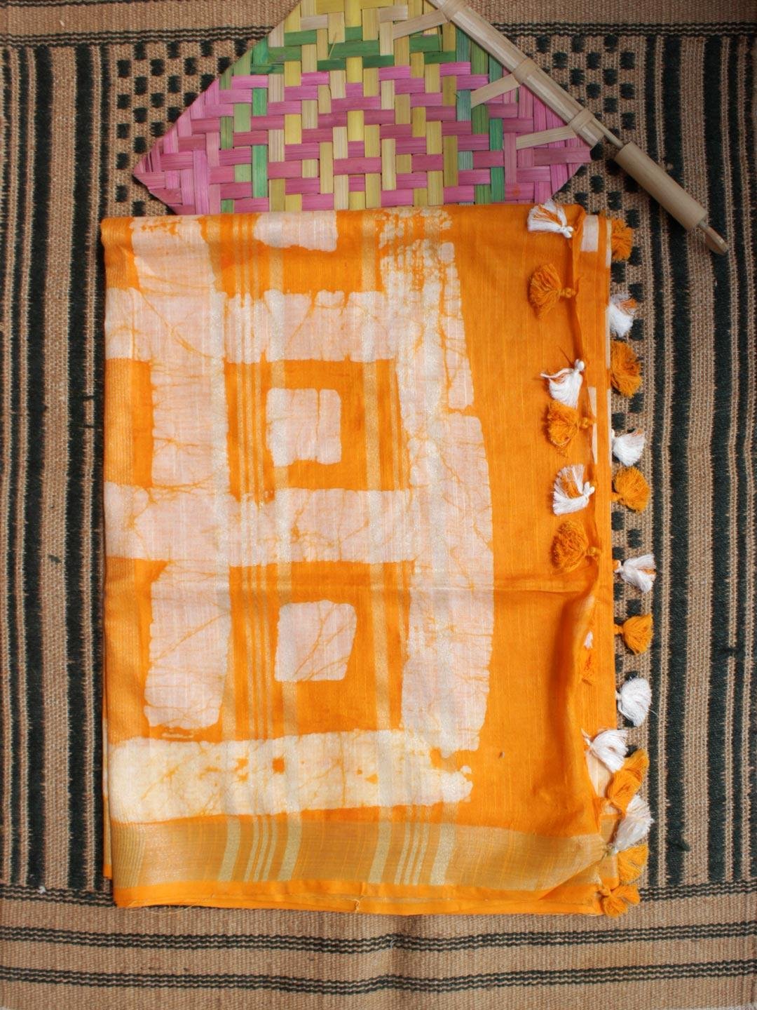 Yellow-and-off-White-Batik-cotton-linen-Sari Yellow-and-off-White-Batik-cotton-linen-Sari at Shilphaat.com